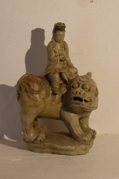 Light Soapstone Seated Figure on Liondog