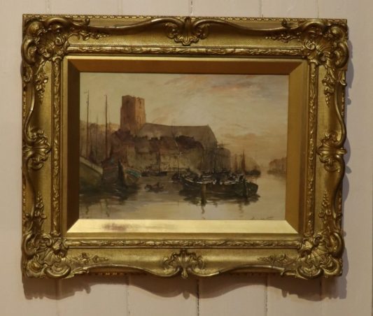 Watercolour. "Fishing Boats Unloading at the Harbour".