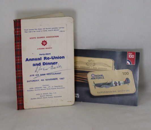 Douglas Bader Autograph. Scots Guard Reunion Dinner Menu.